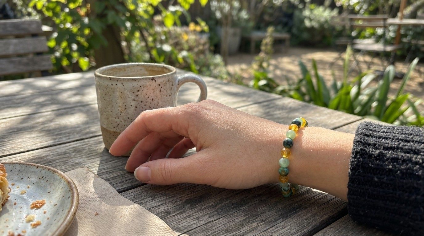 Le bracelet Abondia au poignet, autour d'un café au jardin